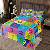 Homemissing Kids Puzzle Alphabet Zahlen Bettüberwurf ABC Buchstaben Steppdecke für Jungen Mädchen Bildungs Tagesdecke 170x210cm 2 Stück Englisch Lernzimmer Dekor