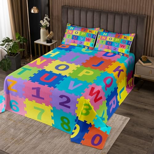 Homemissing Kids Puzzle Alphabet Zahlen Bettüberwurf ABC Buchstaben Steppdecke für Jungen Mädchen Bildungs Tagesdecke 170x210cm 2 Stück Englisch Lernzimmer Dekor