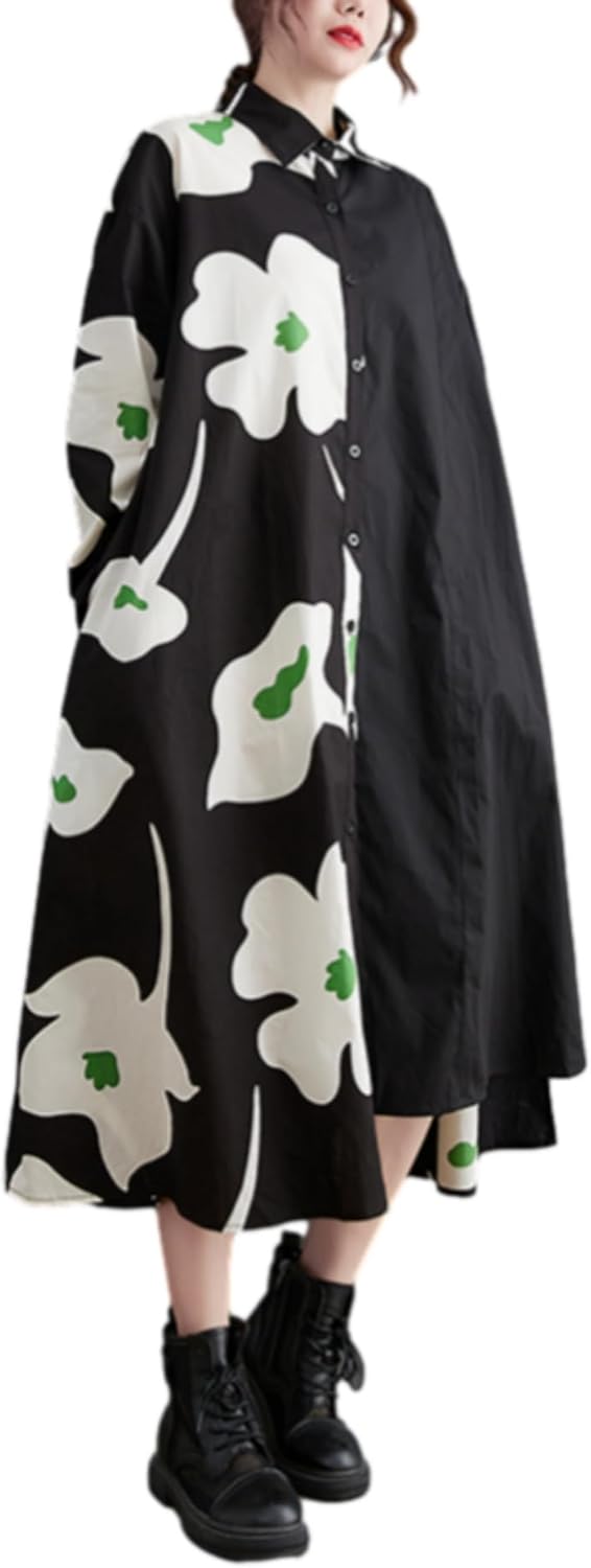 ellazhu Womens Fall Casual Patchwork Funky Long Sleeve Designer Dress Loose Blouse GY2787 A