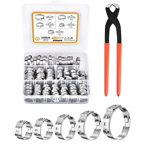 VIGRUE 105Pcs Single Ear Hose Clamps with Pincer, 10.8-29.6mm Constant Tension Crimp Stepless Cinch Rings Crimp Kit for PEX Tubing Pipe Fitting Connection Water Pipe, Plumbing and Automotive