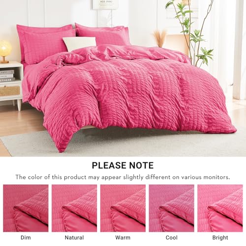 Image of HYMOKEGE Hot Pink Full Size Comforter Sets Seersucker 7 Pieces, All Season Luxury Bed in a Bag for Bedroom, Bedding Set with Comforter, Sheets, Pillowcases & Shams