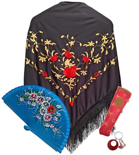Planta Color Mantón Negro, Abanico de Madera con Flores pintadas a Mano (Modelo Surtido), Funda Artesanal para Abanico Hecha en España y LLavero Estilo Flamenco(Negro DoradoR Surtido)