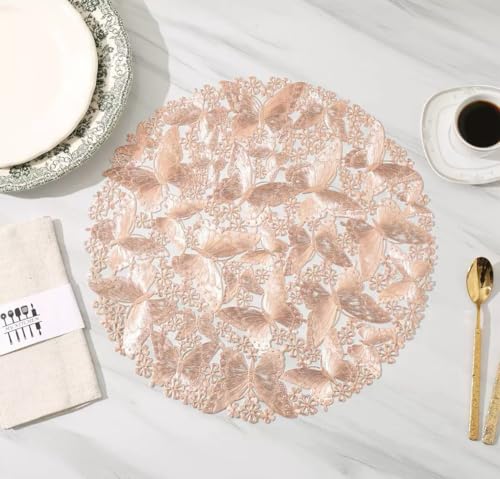 Image of HomeCloud PVC Material Round Shape Table Mat, Dining Table Mat,Table Placemats, Round Mats,Best for Bed-Side Table /Center Table, Dining Table /Shelves (Butterfly Rosegold, Set of 6)