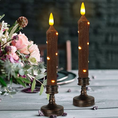 Image of 6.5 Inches Primitive Real Wax LED Flameless Brown Short Candlesticks Hand Dipped Battery Operated Candles with Timer Remote Candles for Vintage Rustic Home Decor, Pack of 4(Brown)