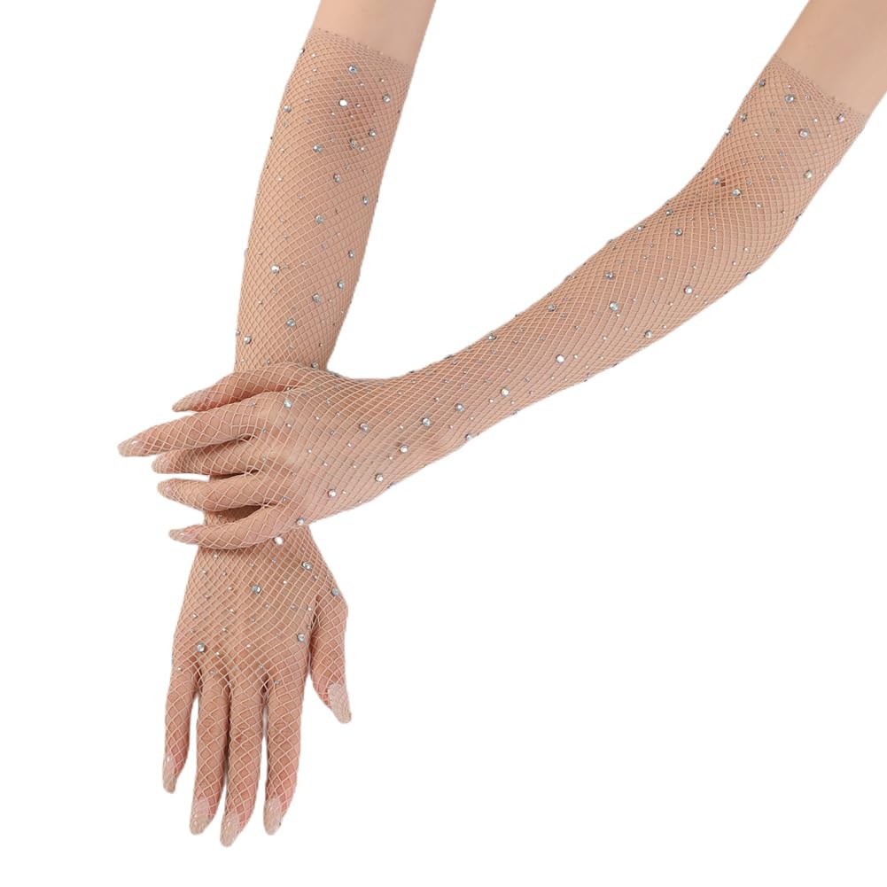 JIHUOO Rhinestone Long Sparkly Mesh Opera Gloves - Fishnet Halloween Costume Tea Party Gloves in Nude Color - Image 2