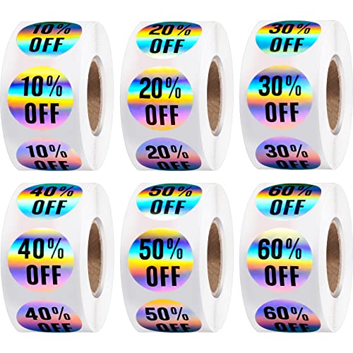 6 Rolls/3000 Pieces Percent Off Sticker 10 to 60 Percent Stickers Labels Adhesive Labels Sale for...