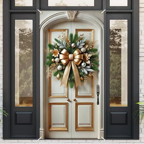 Image of Gold Bow Pine Branch Silver Ball Christmas Door Cover 35x71in