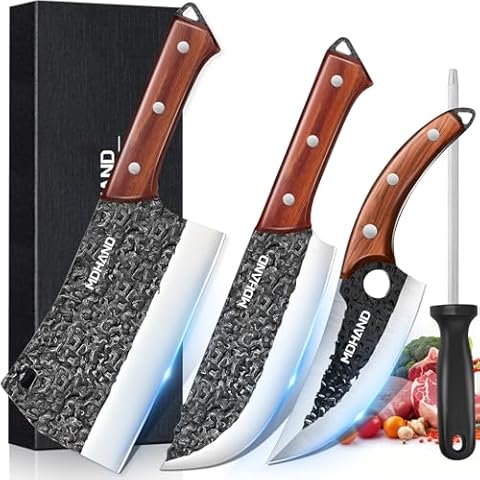 MDHAND 4PCS Butcher Knife Set, Professional Serbian Chef Knife Set with Sheath, High Carbon Super Sharp Meat Cleaver Knife & Boning Viking Knife for Home Cooking Camping Outdoor BBQ Cover