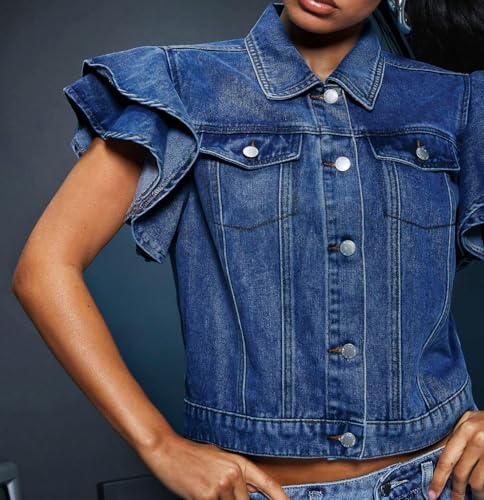 LifeShe Cropped Denim Jacket for Women Summer Ruffle Sleeve Button Down Crop Jean Jacket Casual4