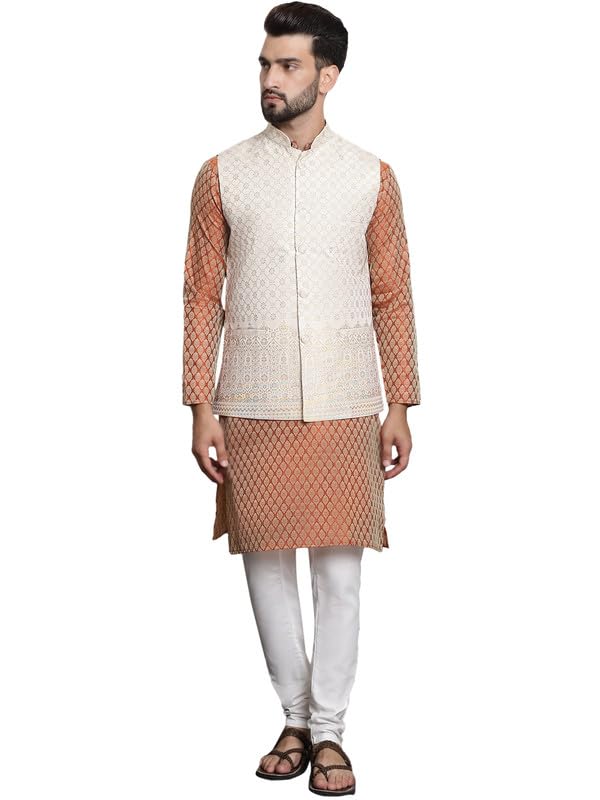 Image of SOJANYA (Since 1958 Men's Jacquard Silk Kurta and Pyjama with Nehru Jacket