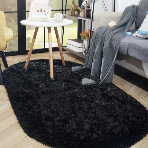 Tapete ovalado de felpa suave ISEAU, 2.6 x 5.3 ft, negro miniatura 3