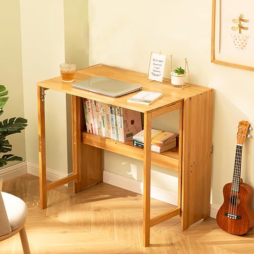 Folding Desk for Small Space, Computer Desk with Bookshelf Multifunctional Bamboo Rectangular Dining Table Work Desk, Writing Desk for Student Office, 40.5
