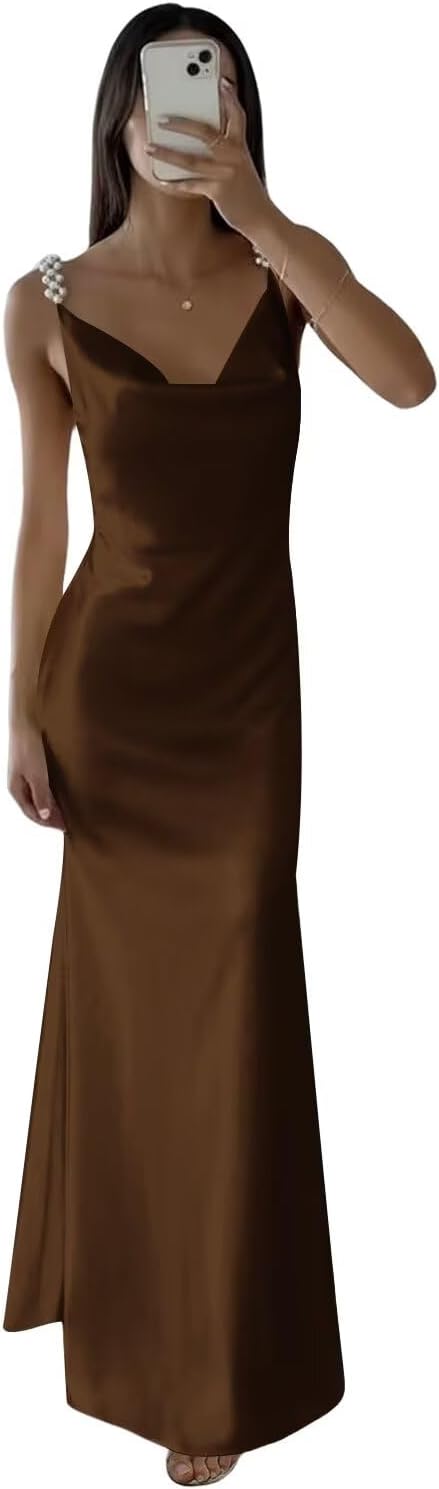 Spaghetti Straps Satin Prom Dresses for Women 2026 Cowl Neck Backless Formal Evening Dress