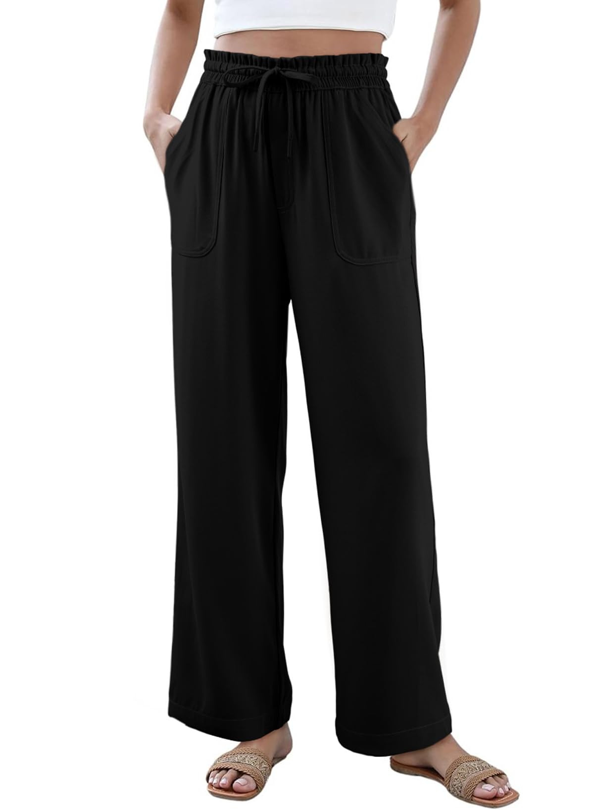 Dokotoo Casual Pants for Women Loose Elastic High Waisted Drawstring Wide Leg Pants with Pockets