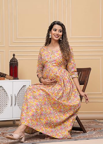 Image of JAIPURFAME Stylish Women's Pure Cotton All Over Printed Kurti Gown, Maternity Dress, and Feeding Dress - Comfortable and Elegant Maternity Wear for Women Multicolour