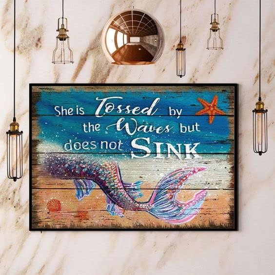 Letrero retro de aluminio con texto en inglés "Mermaid She is Tossed by The Waves But Does Not Sink for Home Coffee Wall Decor 8x12"