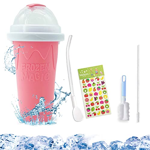 Slushie Maker Cup,Magic Quick Frozen Smoothies Cup Cooling Cup,Double Layer With lid Squeeze Cup Slushy Maker,with a cup brush,cartoon stickers,Straw brush,for Everyone