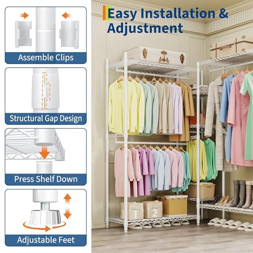 Heavy Duty Clothes Rack with Shelves, 71\" H Freestanding Closet Organizer System, Large Capacity 3-Unit Metal Garment Rack L-shaped Combo for Hanging Clothes, Bedroom & Laundry Room, 85.4\"L x 17.4\"W