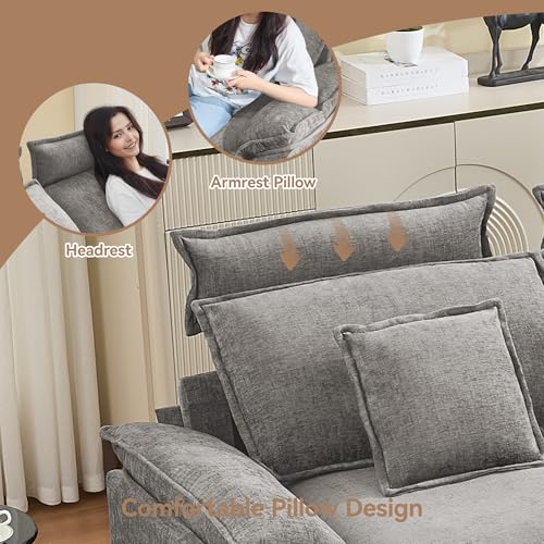 Image of 103'' Cloud Modern 3 Seater Couch with Detachable Headrest, Modular Sectional Sofa with Ottoman, Oversized L Shape Chenille Comfy Sofa with Armrests for Living Room, Light Grey