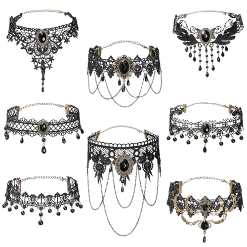 8 Pieces Lace Choker Necklace, Elegant Gothic Lace Choker, Black Halloween Sexy Jewelry Neck Chain Collar Statement for Women Lady Victorian Wedding Party Cosplay