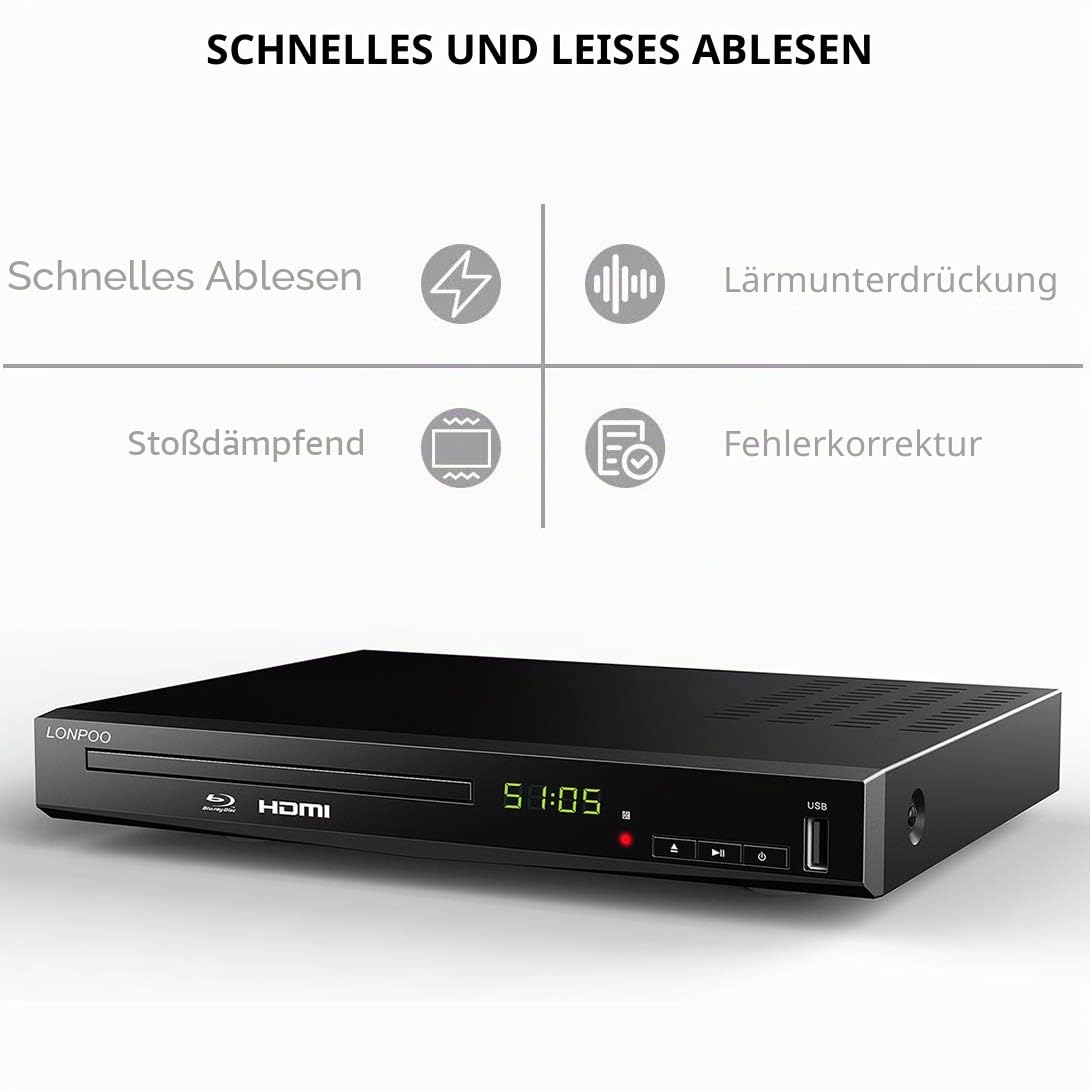 HD Blu-ray Player, Kompakter Bluray Player HDMI 1080P-DVD-Player mit HDMI-Ausgang/AV-Ausgang/Koaxialausgang, USB-Eingang, unterstützt alle DVDs und Region B / 2 Blue Ray Disc