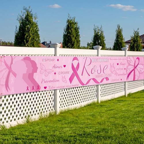 WANDIC Octobre Rose Bannière Personnalisée du ruban,300 * 50cm Bannière de Sensibilisation au Ruban Rose Cancer du Sein en Polyester Imprimées, pour la Décoration de Fond de Scène