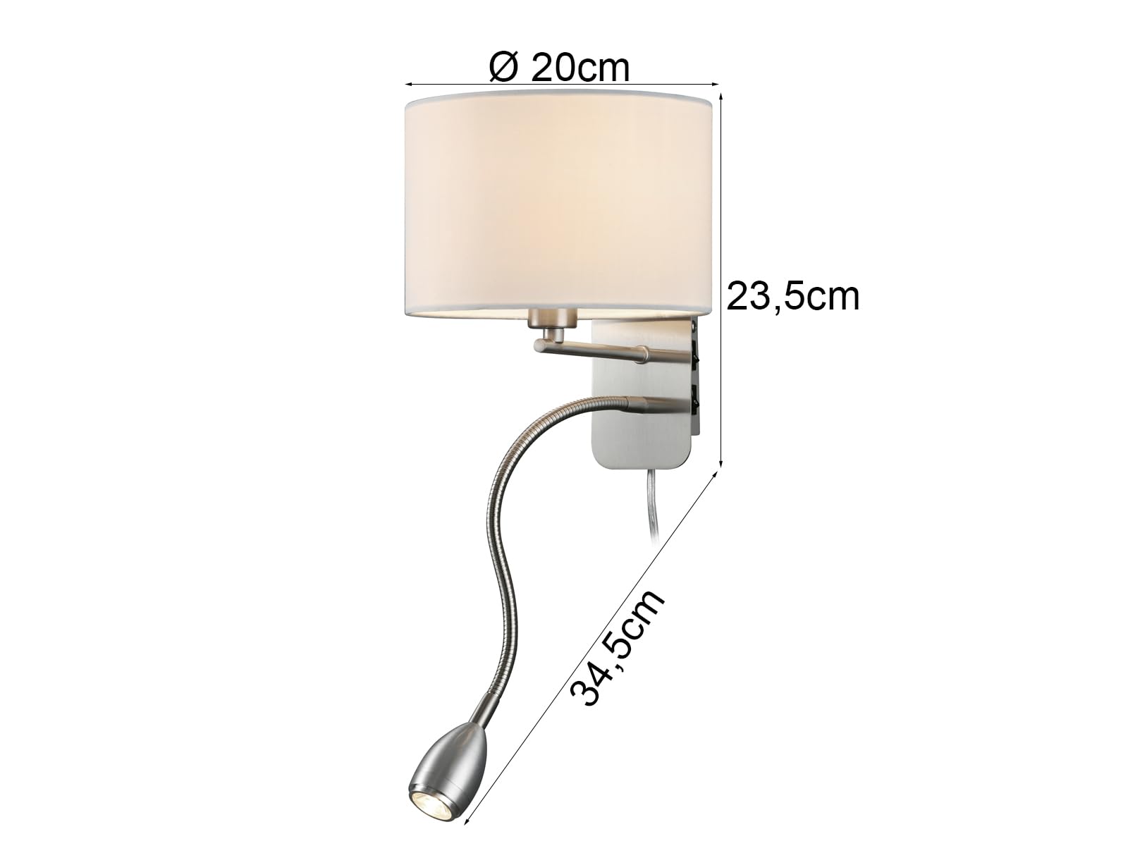 meineWunschleuchte Wandleuchte mit Leselampe, Schalter, Kabel und Stecker, Stoff Lampenschirm Weiß, Korpus Metall Silber, Höhe 23,5cm inkl. stufenweise dimmbarem E14 Leuchtmittel