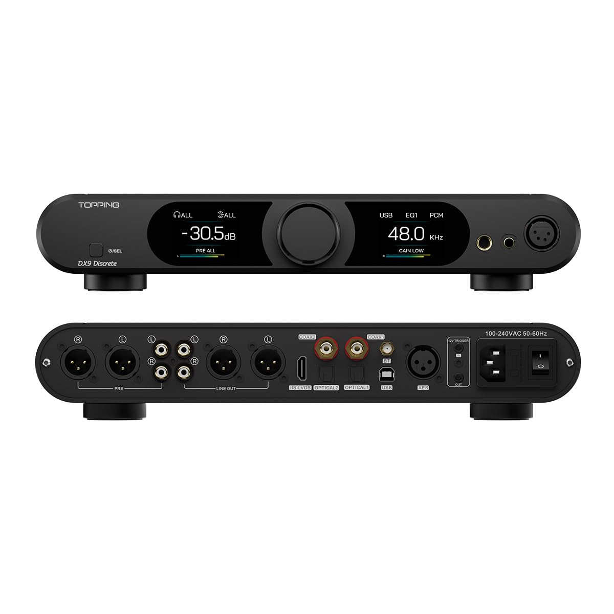 Topping DX9 Discrete Vollständig symmetrischer DAC-Kopfhörerverstärker-Kombi DSD512 PCM768 16-Element-PSRM Zehnband-Hochpräzisions-PEQ mit Fernbedienung (Schwarz)