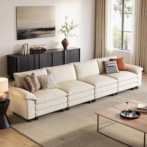 Image of LINSY HOME Modular Sectional Sofa - 157 Inch Oversized Corduroy Cloud Couch Soft Modern Comfy Sofa Set for Living Room Apartment Office (Beige, 4-Seat)