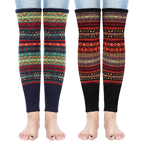Image of SATINIOR 2 Pairs Leg Warmers for Women Wool Leg Warmers Bohemian Winter Long Knit Boot Cuffs Socks for Women(Black, Navy Blue)