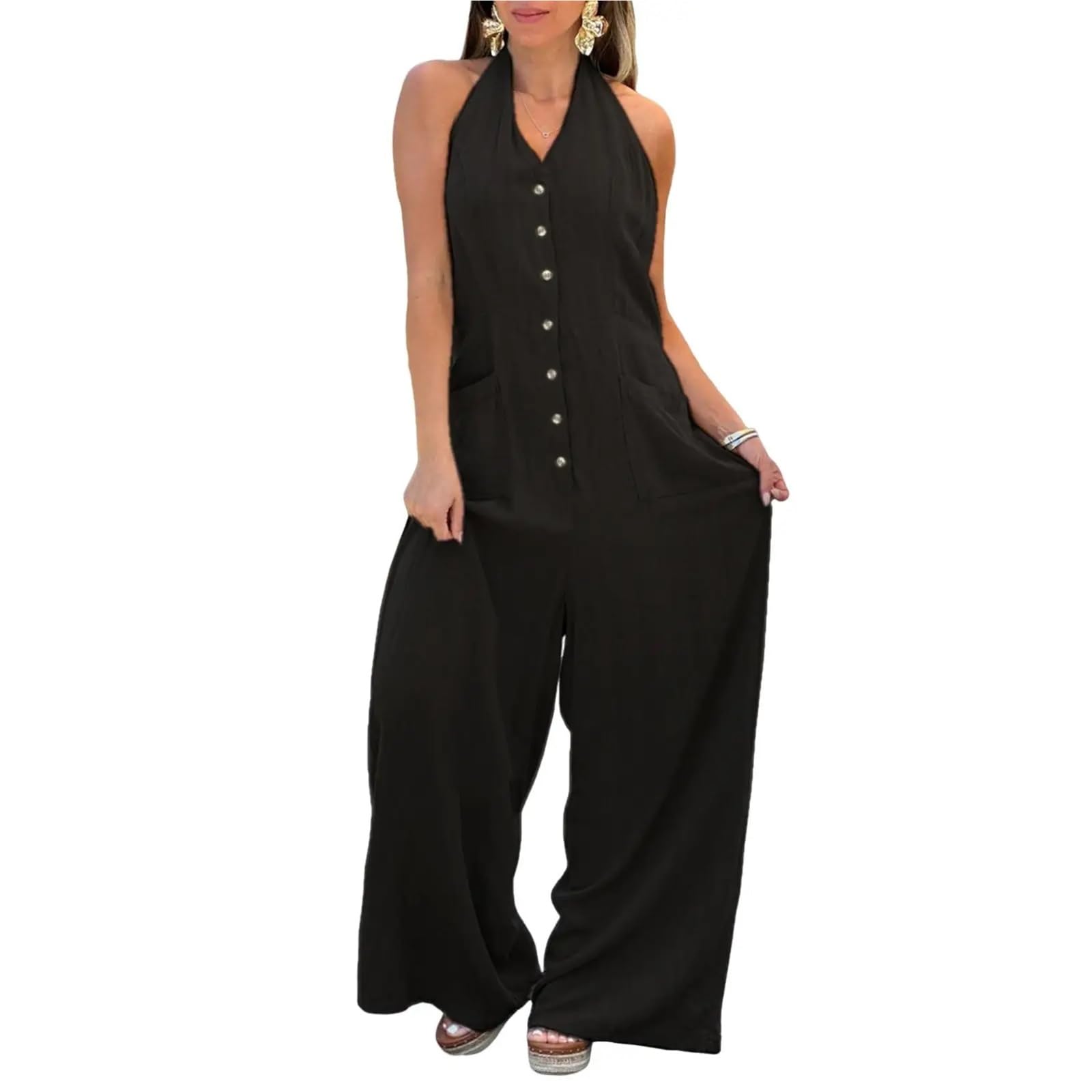 Jumpsuit Donna Tuta estiva ampia e casual da donna, senza maniche, con scollo a V, tinta unita, senza schienale, pantaloni a gamba larga e cropped