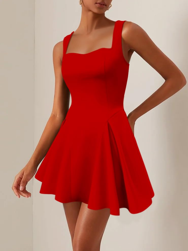 Women's Fit and Flare Mini Dress - Tank Sleeveless Square Neck Sexy Ruffle A Line Club Party Going Out Dresses2