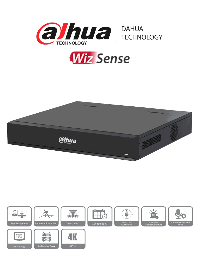 16-kanałowy rejestrator 4k/ WizSense/H.265+/ IA/ 4 zatoki dysków twardych/ +16 kanałów IP/ 6 kanałów z rozpoznawaniem twarzy/SMD Plus/Kodowanie IA/IoT&POS/