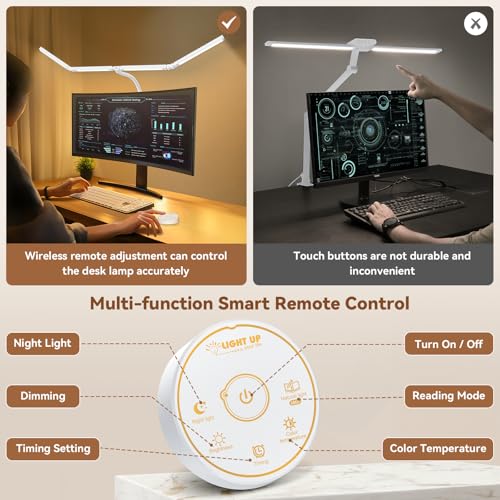 Image of Pzloz Led Desk Lamp with Clamp: Architect Desk Lamp for Home Office, Eye Caring Double Head Computer Monitor Work Desk Light with Remote Control - 24W Flexible Dimmable Desktop Table Lamp White