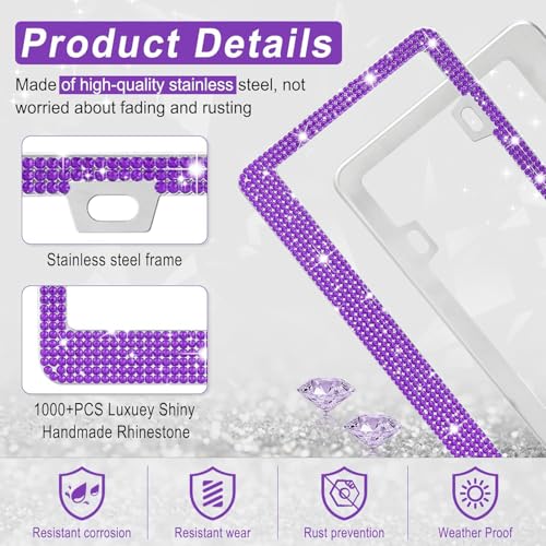 Image of Amiss Bling License Plate Frame for Women, 1Pack Rhinestone Handcrafted Crystal Premium Stainless Steel, Stainless Steel Car Decorative Accessories with Diamond Sparkle Glitter Caps (Purple)