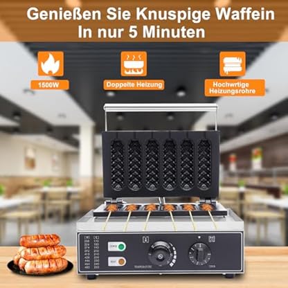 MEHOOSPVN 1500W Edelstahl Elektrische Waffeleisen Kommerzielles Waffelgerät Corn Dog Stiel Waffeleisen Waffel am Stiel Küchengeräte Waffeln Am Stiel Waffle Maker Backt 6 Waffeln/Hot Dogs in 5 Minuten – Bild 3