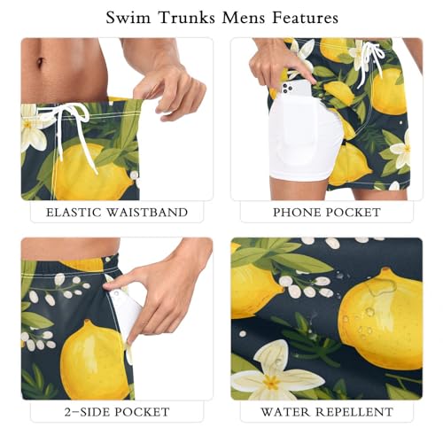 Mens Swim Trunks Quick Dry Swim Shorts, Lemon Beach Shorts with Compression Liner, Swimwear Bathing Suit3