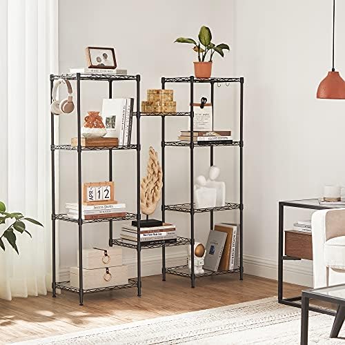 SONGMICS Kitchen Shelf, 5-Tier Wire Shelving Unit, Narrow Storage Rack with 4 Hooks, Bathroom Shelf with PP Shelf Liners, Height-Adjustable, Metal Shelves, for Bathroom, Kitchen, Black LGR115B01