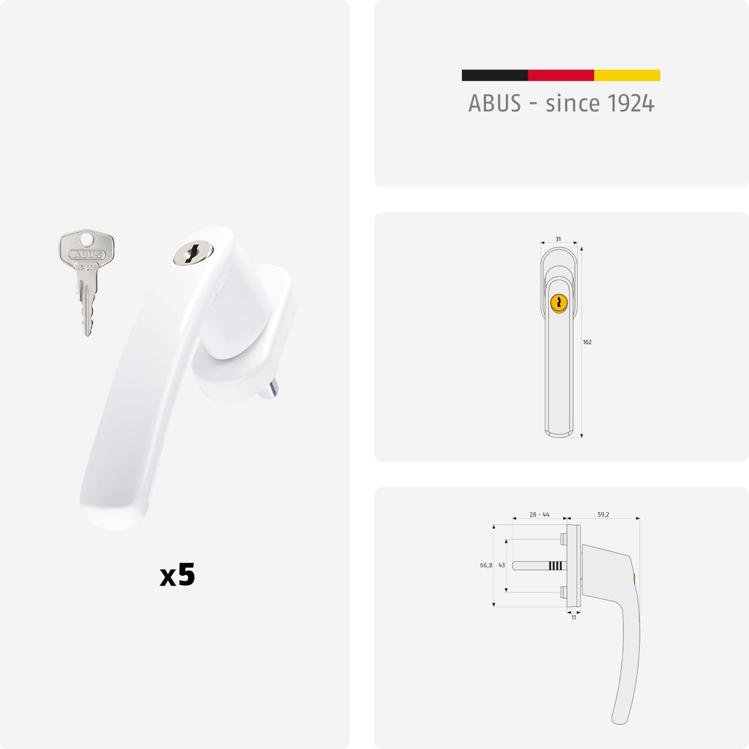 ABUS FG200 AB208 Lockable Window Handle - Set of 5 - Window Knobs with Pressure Cylinder Keyed Alike Safety Level 3-84581 - White