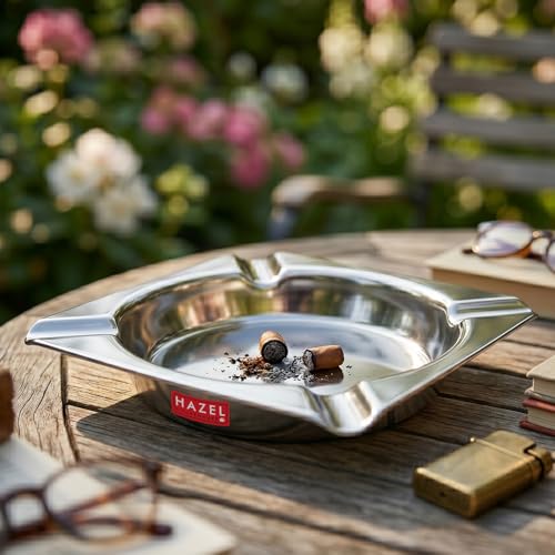 Image of HAZEL Square Stainless Steel Ash Tray | Heavy Duty Smoke Ashtray with 4 Cigarette Holders | Compact 10.7 cm Metal Ashtray for Home, Office & Outdoor Use