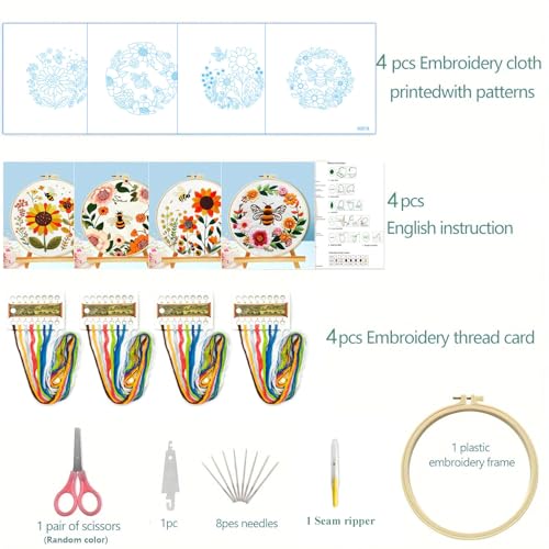Image of Zhenqing Bees & Flowers Embroidery Kit 11.4x11.4cm - 4-Piece Complete Cross Stitch Set with Pre-Printed Fabric, Threads, Hoop, Needles & Instructions | DIY Craft for Adults, Beginners-Friendly (C0046)