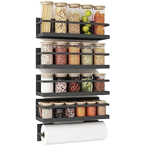 Roysili Magnetic Spice Rack For Refrigerator Magnetic Fridge Shelf For Kitchen Spice Organizer Magnetic Shelf For Fridge Space Saving Black 4 Pack With Magnetic Paper Towel Holder Cover