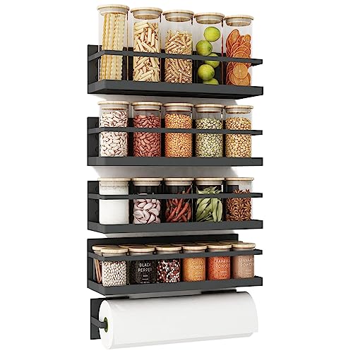 Magnetic Spice Rack for Refrigerator Magnetic Fridge Shelf for Kitchen Spice Organizer Magnetic Shelf for Fridge Space Saving Black 4 Pack with Magnetic Paper Towel Holder