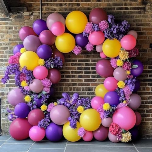 Image of Pink Purple Balloon Arch Double Stuffed Hot Pink Yellow Balloons Different Size Latex Magenta Balloon Garland for Happy Birthday Baby Shower Spring Wildflower Wedding Mexican Party Decorations