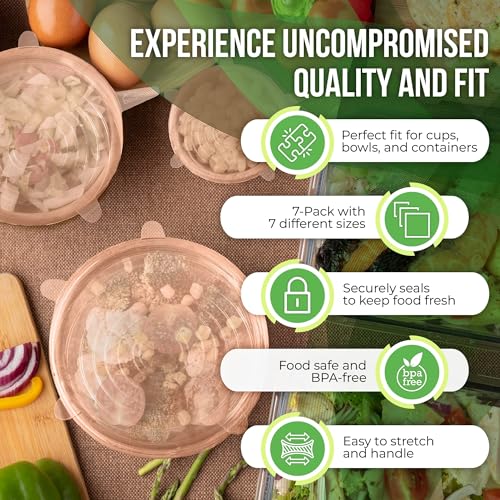 Image of Reusable Silicone Stretch Lids for Food Storage in Fridge - Elastic Heat-Resistant Bowl Covers, Cups, Cans, Jars - Universal Food Grade Lid for Containers - 7 Pack - Apricot Stretchy Lid Set
