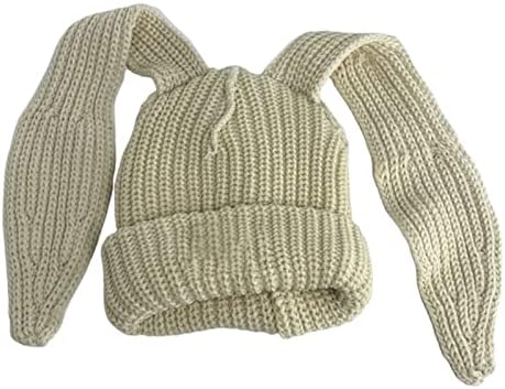Womens Cap Winter Warm Knitted Beanie Hat, Long Bunny Ears Ribbed Thickened Knitted Hat Unisex Riding Knitted Beanie Cap Apricot