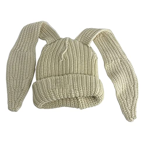 Womens Cap Winter Warm Knitted Beanie Hat, Long Bunny Ears Ribbed Thickened Knitted Hat Unisex Riding Knitted Beanie Cap Apricot #TOP1