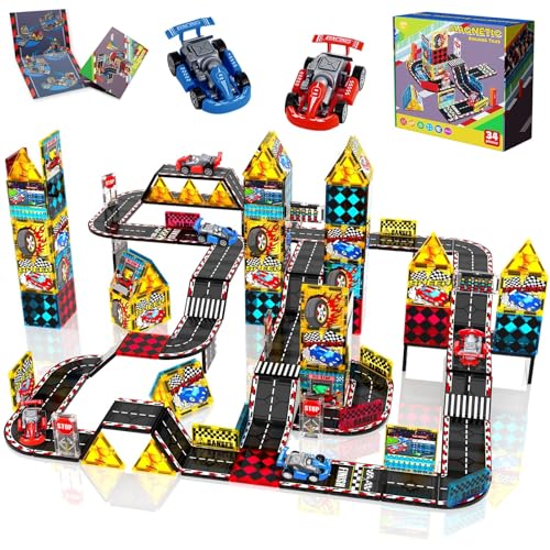 Magnetic Tiles Road Set Rail Race Track with 2 Racer Cars Magnetic Car Racing for Kids Ages 3 4 5 6 7 8 Magnet Building Blocks STEM Toy Birthday Gifts for 3 Years Old Boys Girls