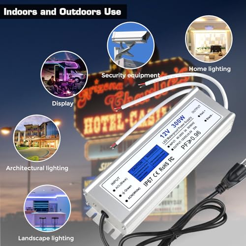Image of LED Driver 300 Watts, IP67 Waterproof 12V Power Supply, AC 90-140V to DC 12V 25A Low Voltage Transformer with 3-Prong Plug 3.28ft Cable for LED Lights, Computer Project, Outdoor Use