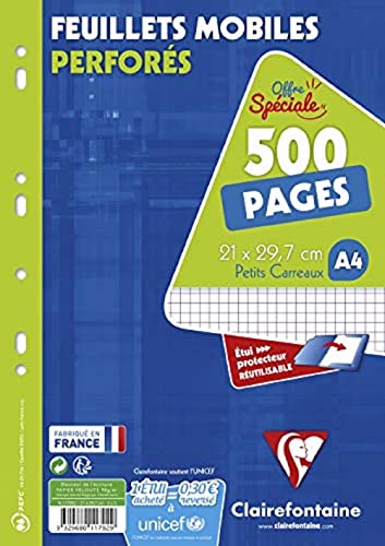 Clairefontaine 11792C Un Étui de Feuillets Mobiles Perforés - A4 21x29,7 cm - 500 Pages Petits...
